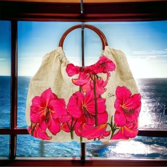 ALFRED SHAHEEN Rare Vintage 60s Hawaiian Linen Handbag Celluloid Handle Tropical - Picture 4 of 8